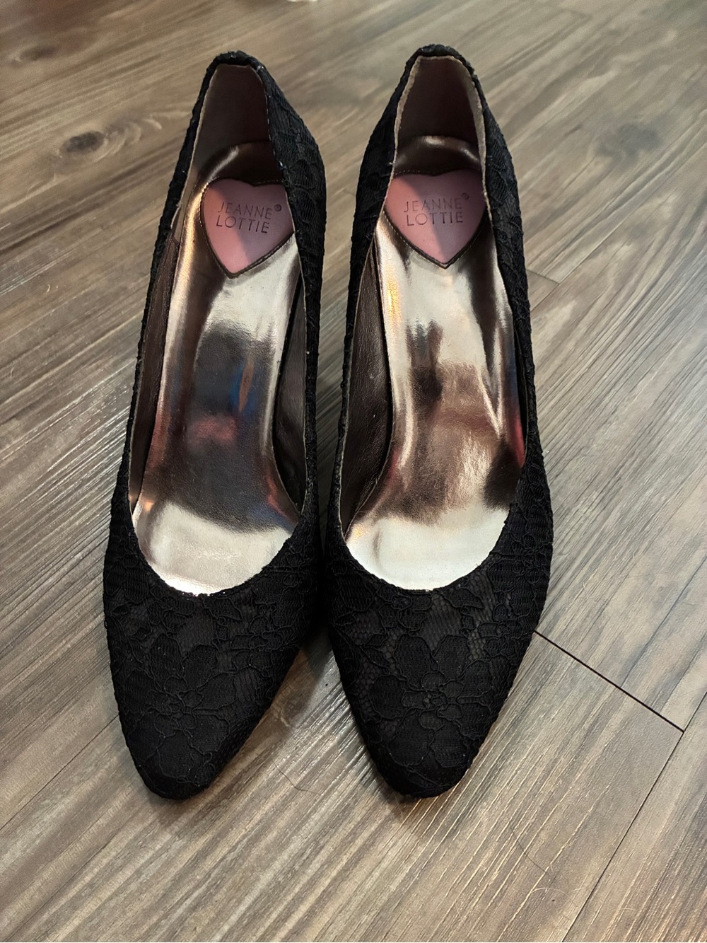 Jeanne Lottie size 37 Black Lace Pointed Toe Pumps